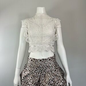 Indikah White Lace Cropped Top with Ruffle Sleeves